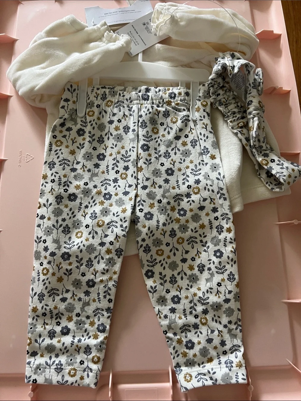 Carter's Cream Plush Tunic with Gold Accent Buttons pant and headband set